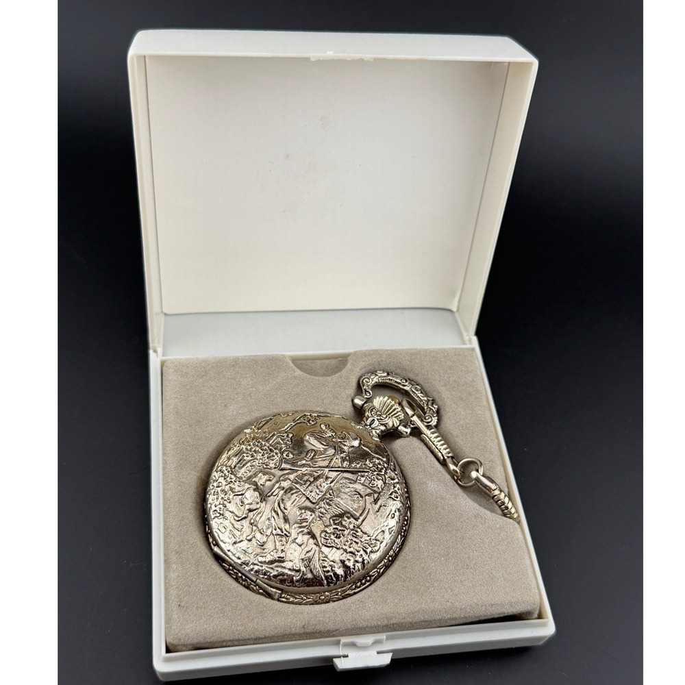 Unitron Quartz Pocket Watch: Silver Tone, Ornate Equestrian Hunter, for Repair